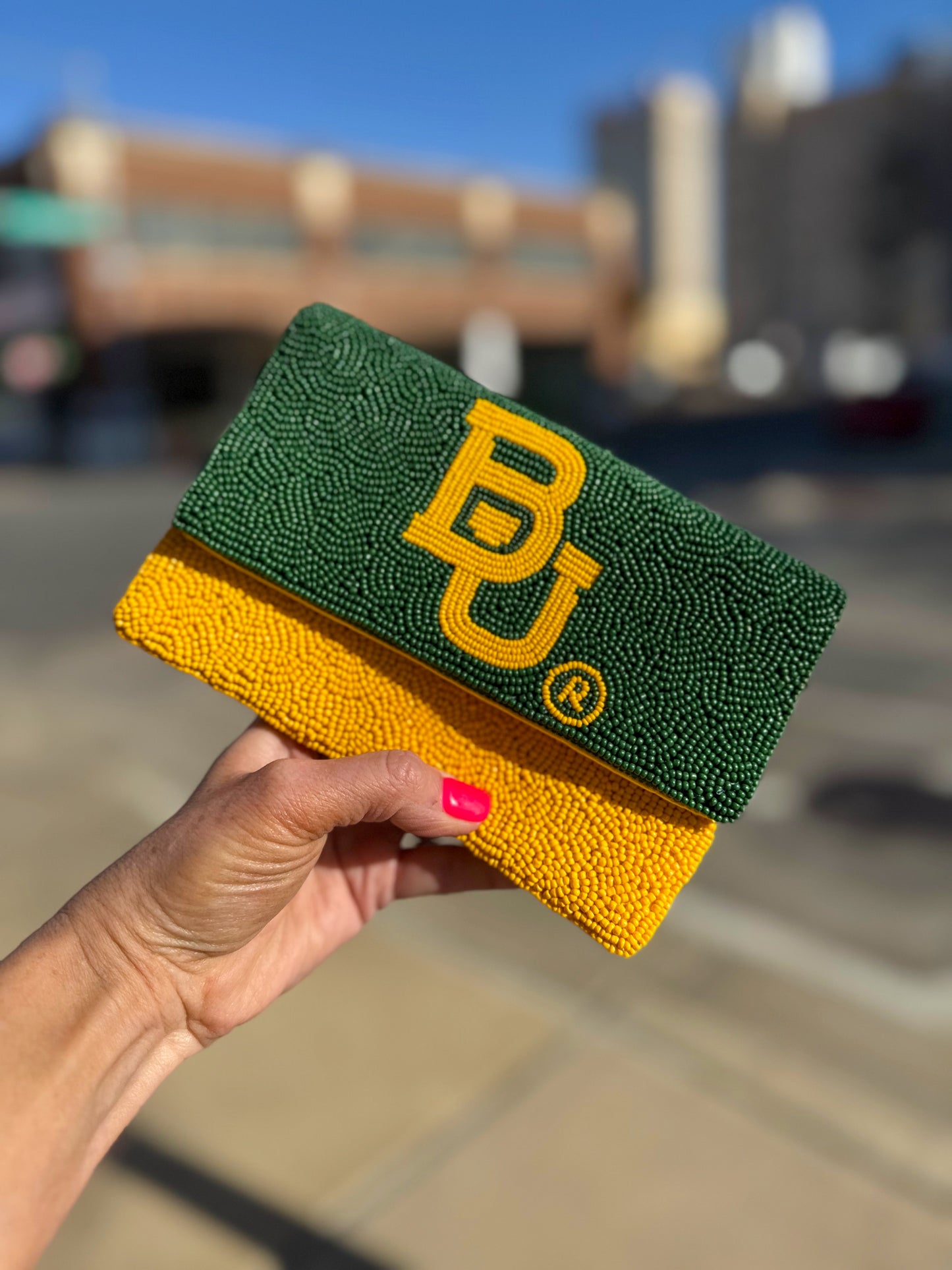 baylor beaded clutch green gold