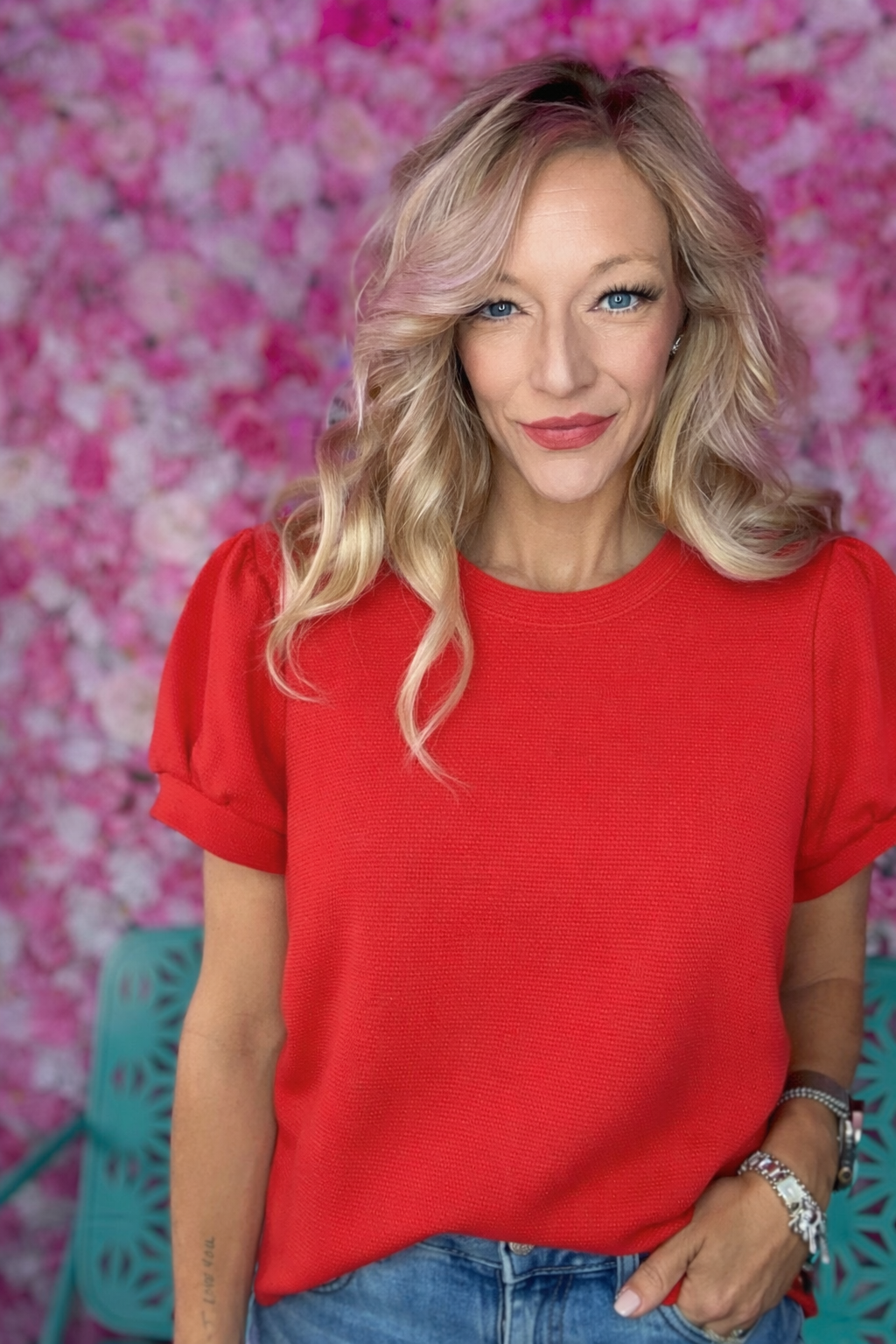 Cloudy Knit Puff Sleeve Top – Red - Twisted Sisters Shoetique
