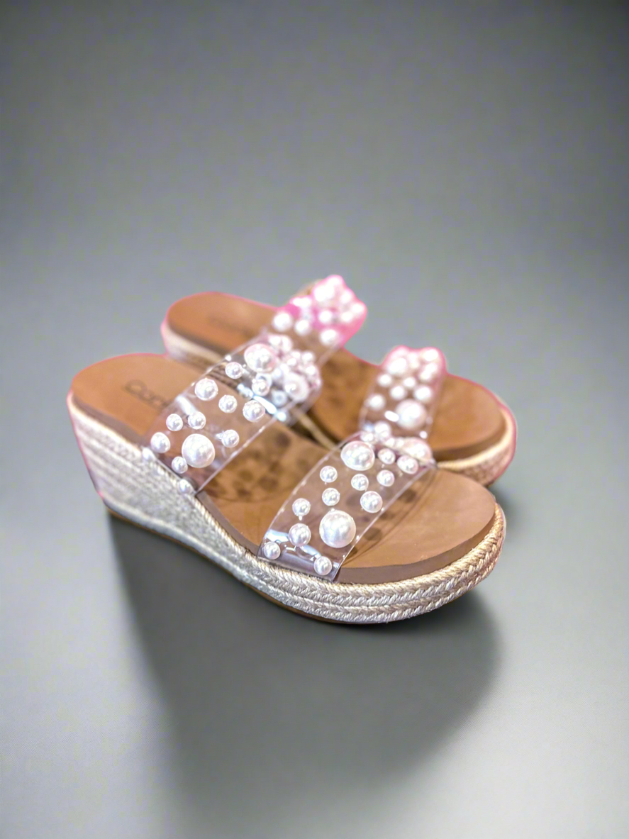 clear double strap pearl accent wedge slide