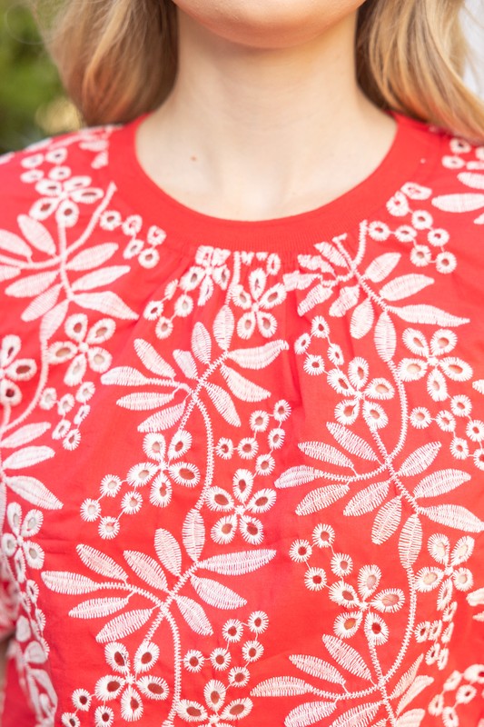 Leaf Embroidered Eyelet Bubble Sleeve Top