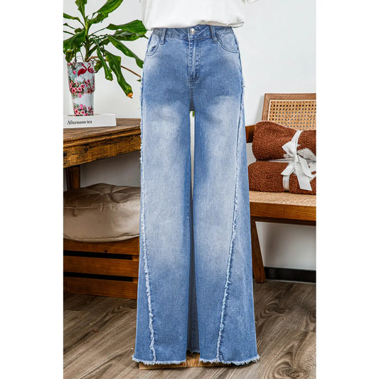 wide leg denim with frayed edge detail
