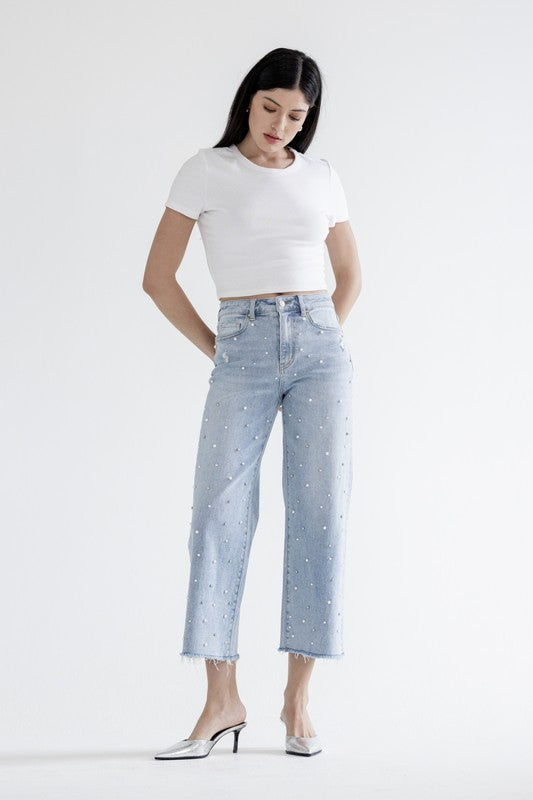 Mica Denim-Pearl Embellished Crop Jeans
