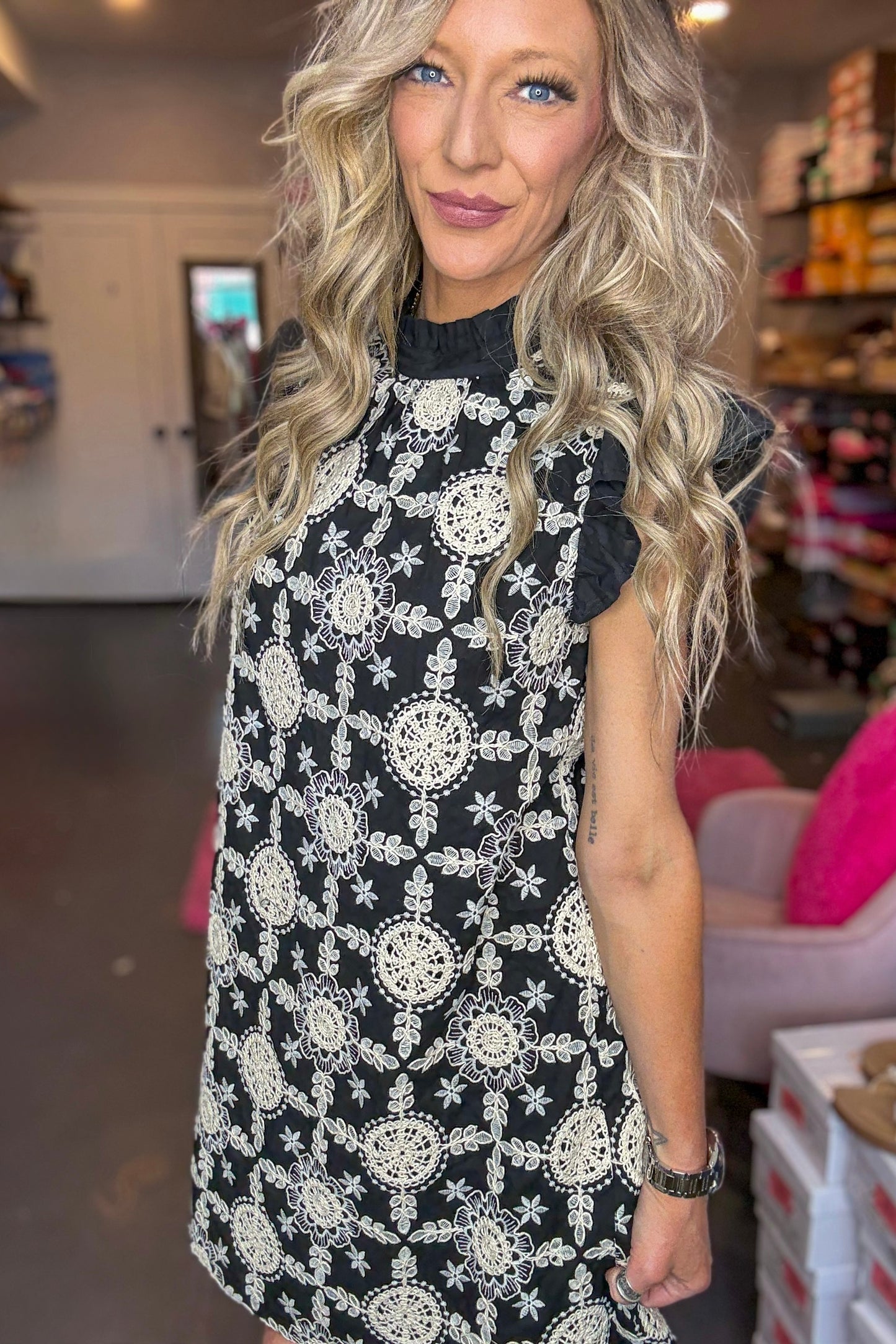 Embroidered Ribbon Tie Dress