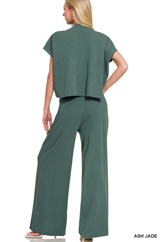 ash jade green ribbed knit pant set short sleeve and wide leg pant