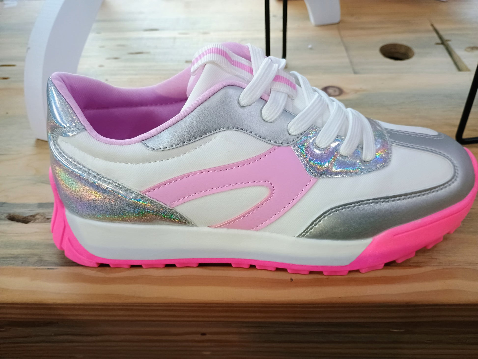 pink white silver metallic sneaker with holographic accents
