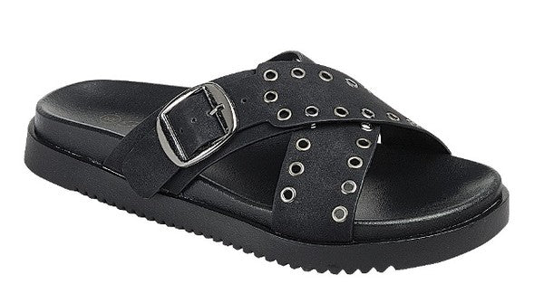 black crisscross slide sandal with silver grommets and buckle