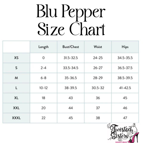 Blu Pepper size chart for clothing with measurements in inches.