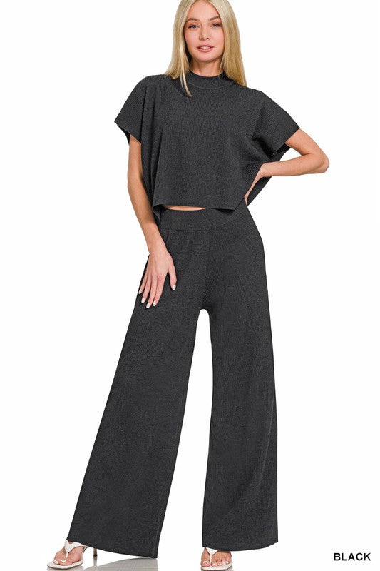 black ribbed knit pant set short sleeve and wide leg pants