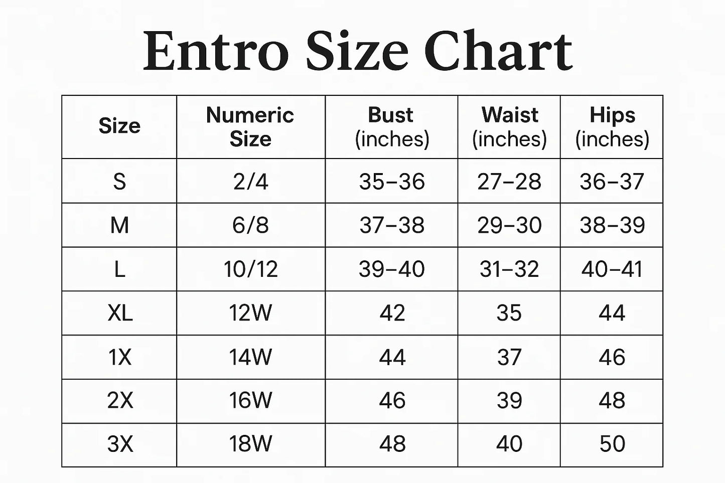 Entro Size Chart