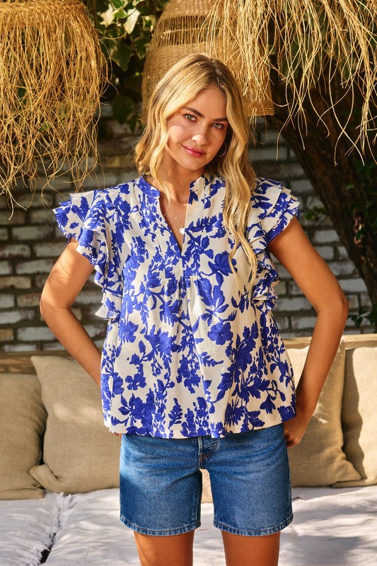Royal Blue Floral Blouse