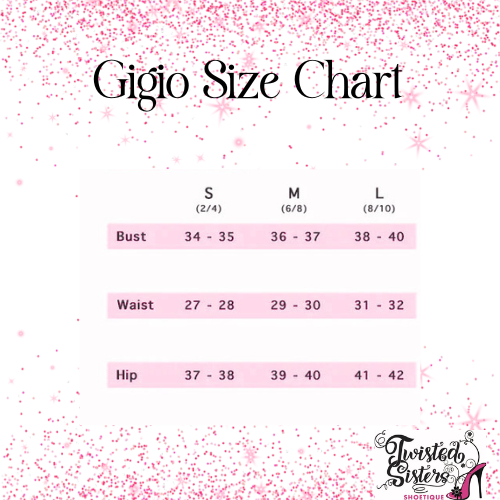 Gigio Size Chart with measurements for bust, waist, and hip on a pink glittery background.