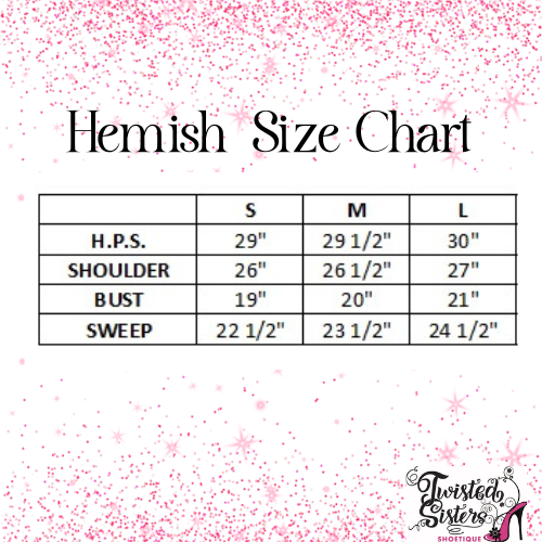 Hemish Size Chart with measurements for S, M, and L sizes on a decorative background.