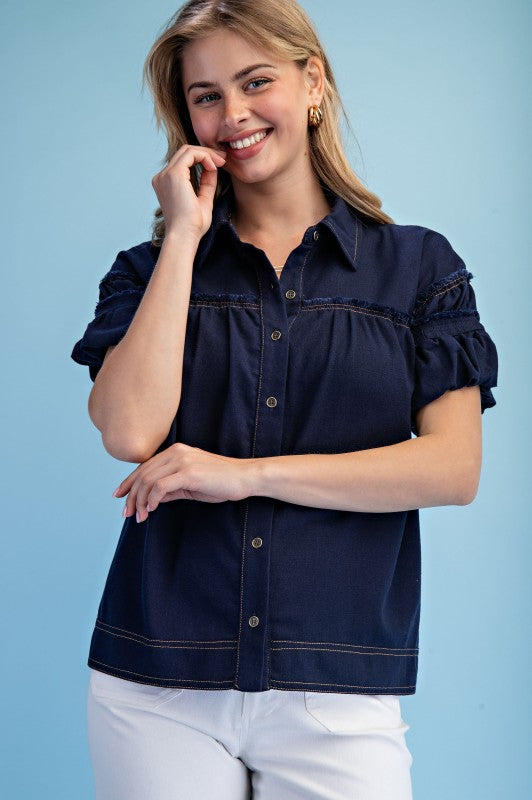 Linen Gathered Button Down Top