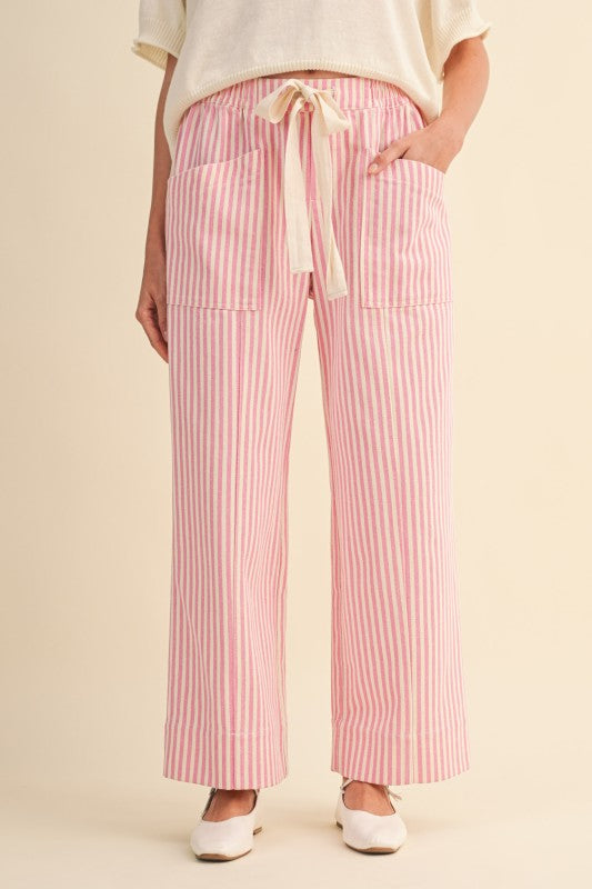 Pink Striped Wide Leg Drawstring Pants
