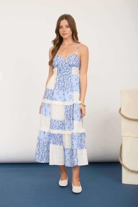 Blue Sweetheart Neck Tiered Midi Dress
