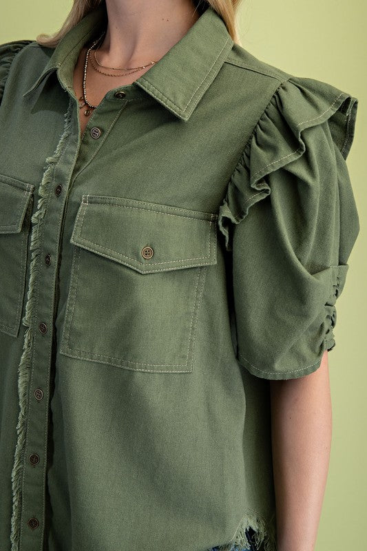 Ruffled Sleeve Linen Shirt