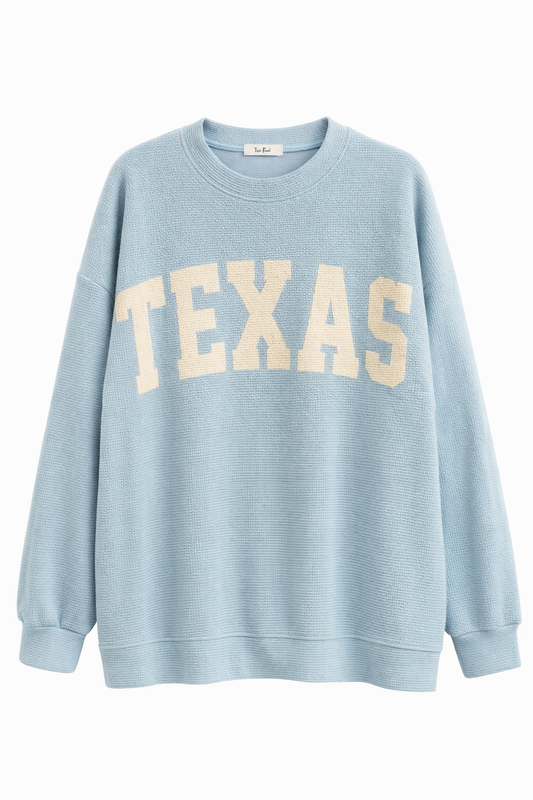 Texas textured knit pullover in light blue front view