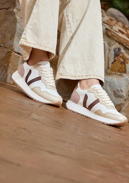 beige nude white bronze glittered casual sneaker