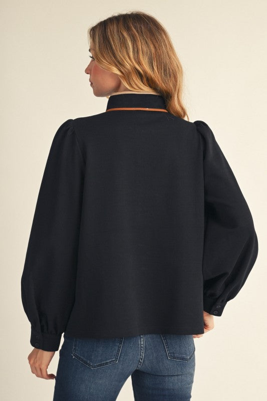 Midnight Elegance Contrast Trim Zip Blouse