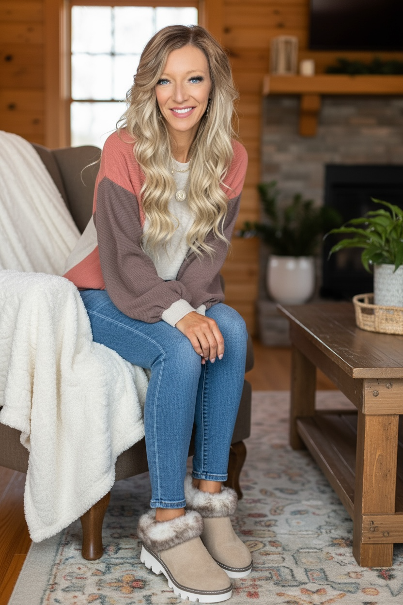 Woman sitting on a couch in a cozy living room wearing a colorful sweater and jeans.