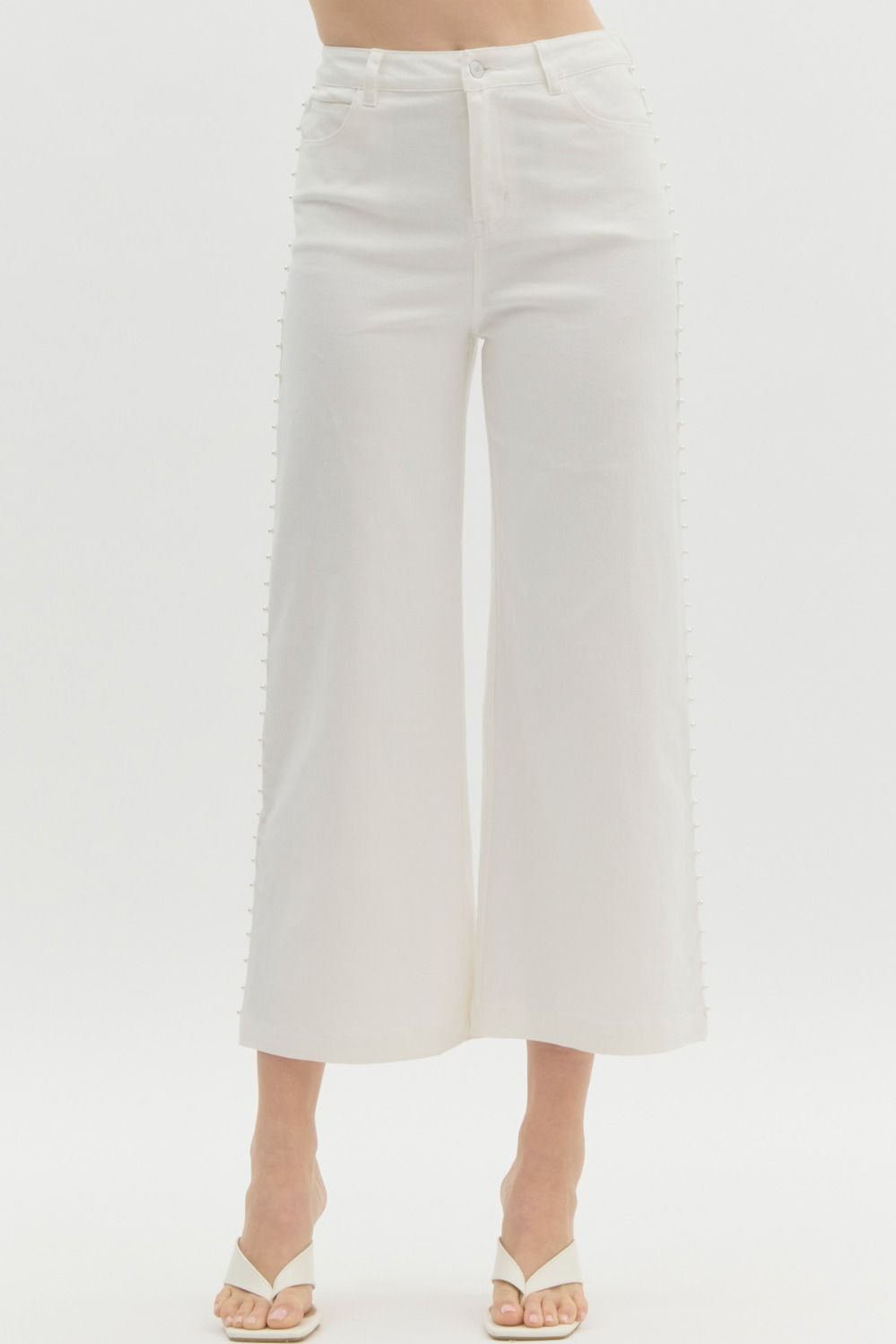Pearl Embellished White Crop Jeans