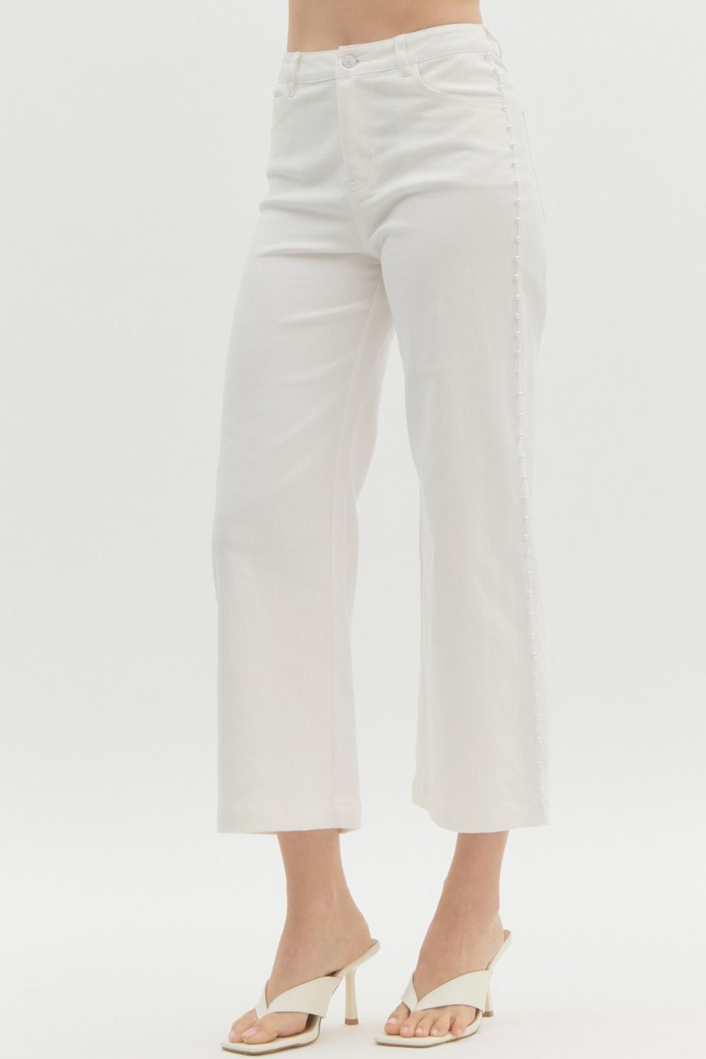 Pearl Embellished White Crop Jeans