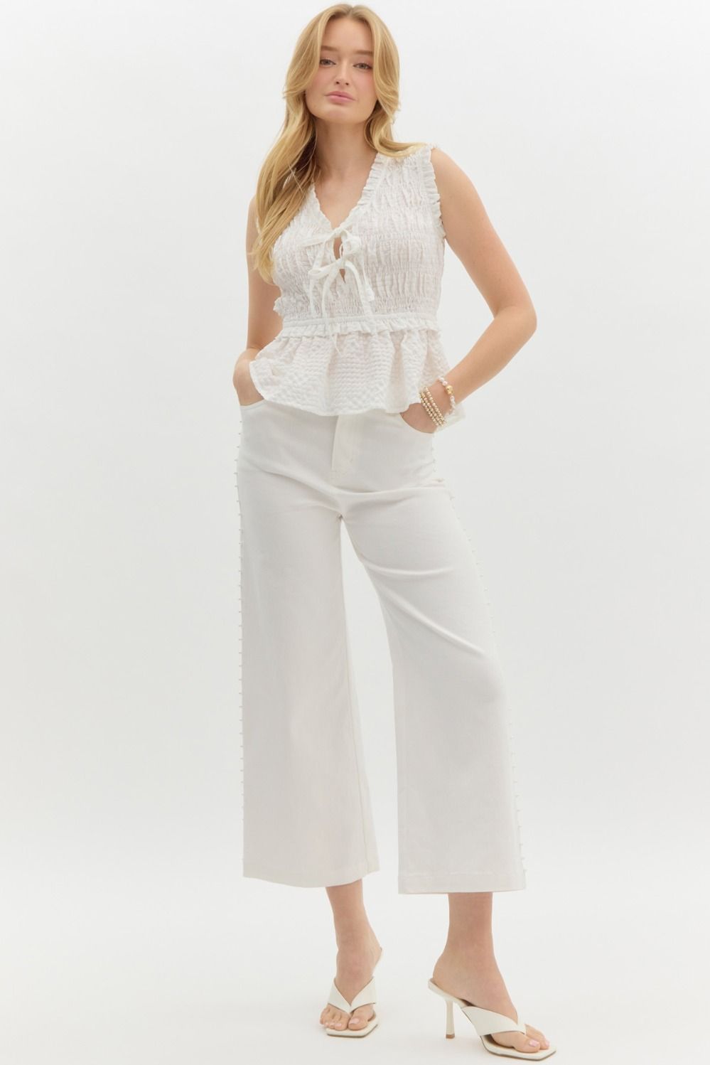 Pearl Embellished White Crop Jeans