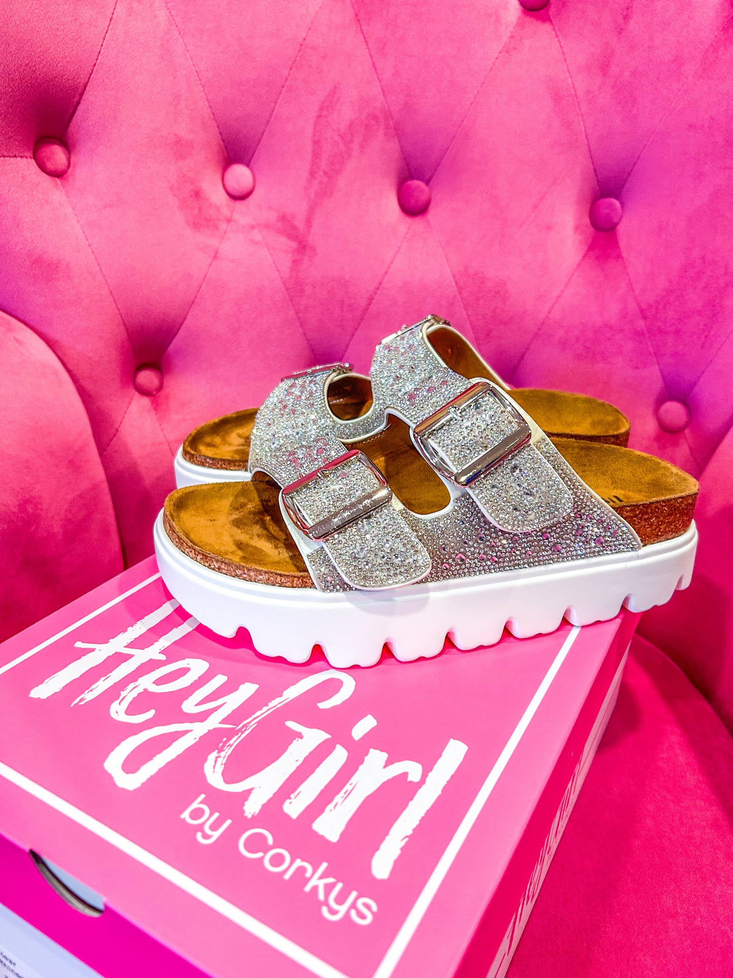 rhinestone dual strap double buckle platform sandal