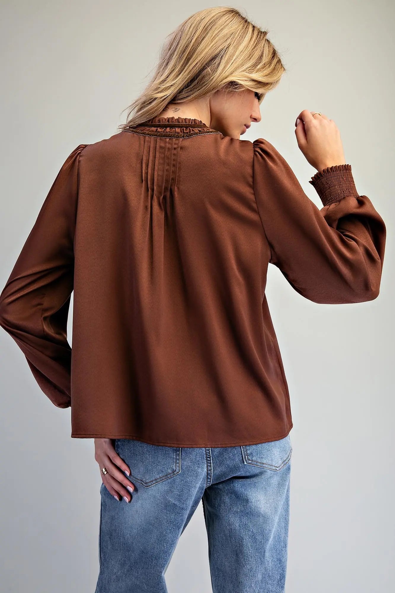 Pin Tuck Tie Neck Smocked Cuff Blouse – Brown