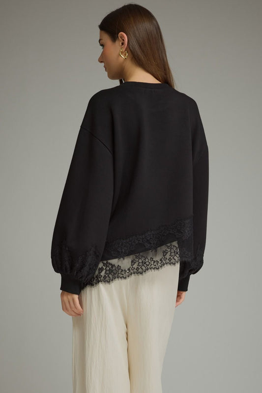 Black Lace Trim Balloon Sleeve Top