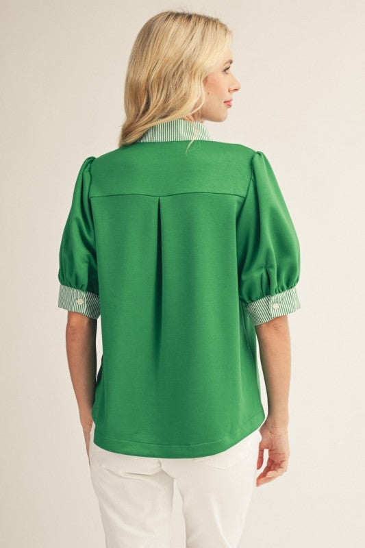Green Contrast Trim Blouse - Twisted Sisters Shoetique