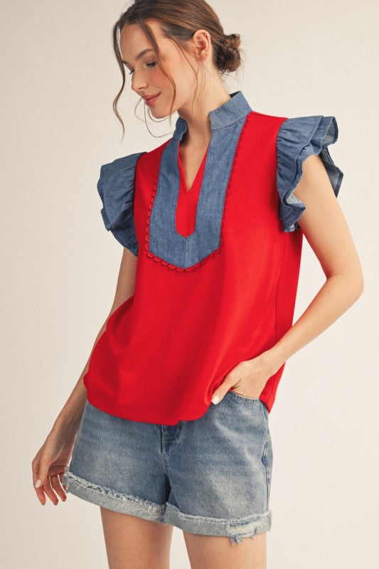 Denim Ruffle VNeck Top - Twisted Sisters Shoetique