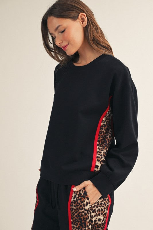 Leopard Stripe Contrast Sweatshirt – Black