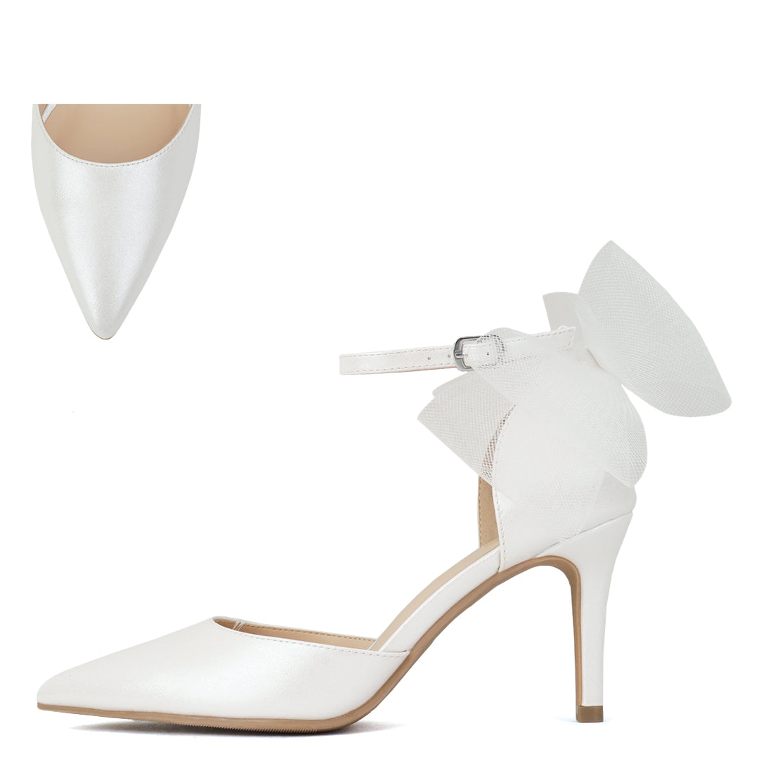 white satin close toe ankle strap tulle bow