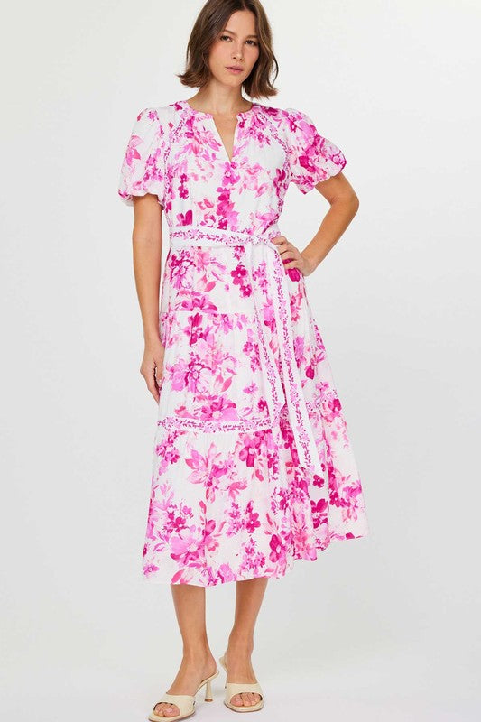 Pink Floral Dress with Contrast Belt