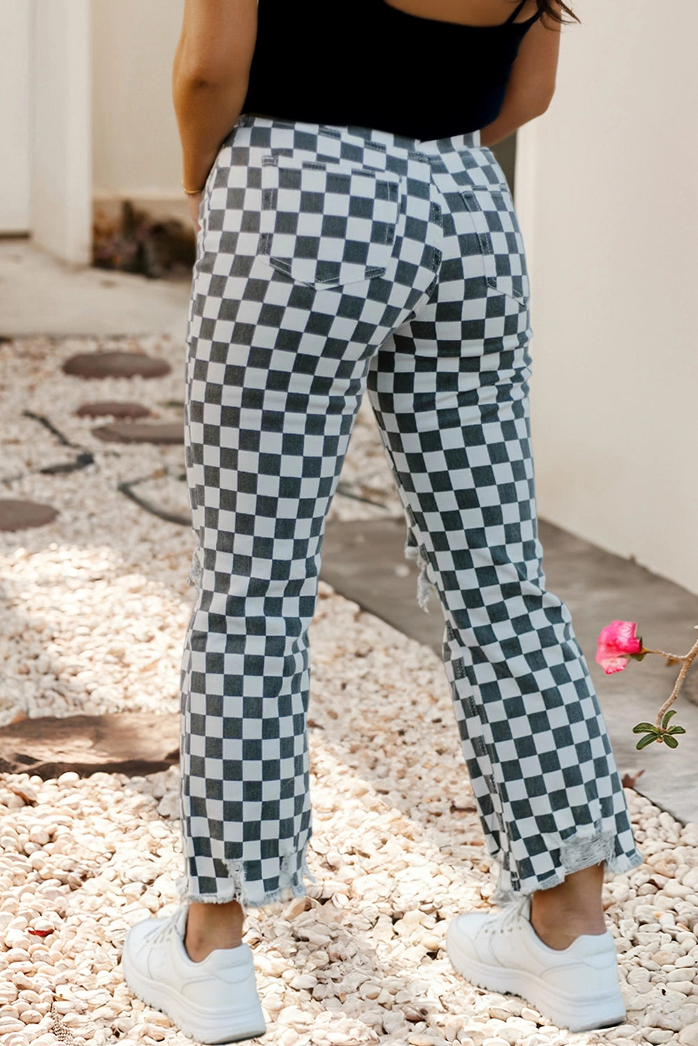 Cropped Distressed Checkerboard Jeans - Twisted Sisters Shoetique