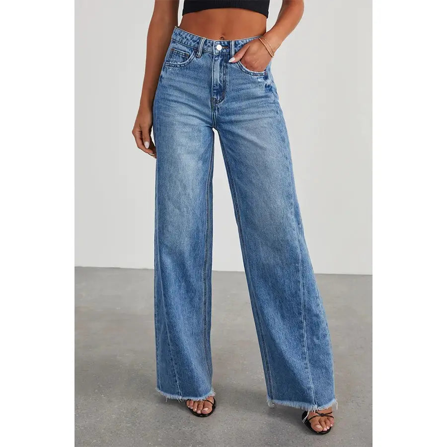 Wide Leg Frayed Hem Jeans