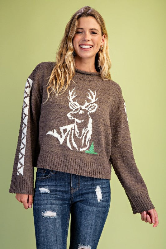 Wild at Heart Deer Knit Sweater – Brown