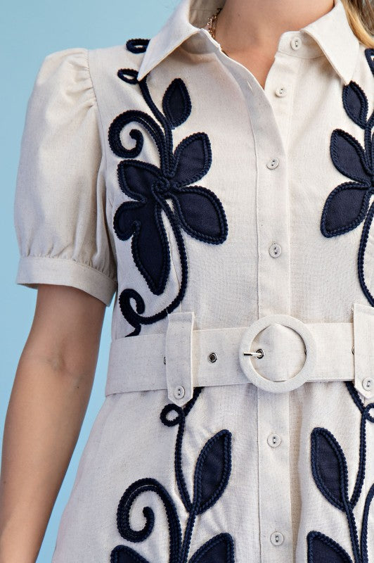 Midnight Bloom Linen Shirt Dress