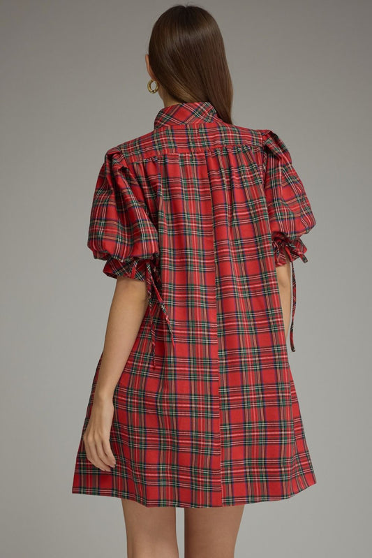 Merry in Plaid Puff Sleeve Dress – Red