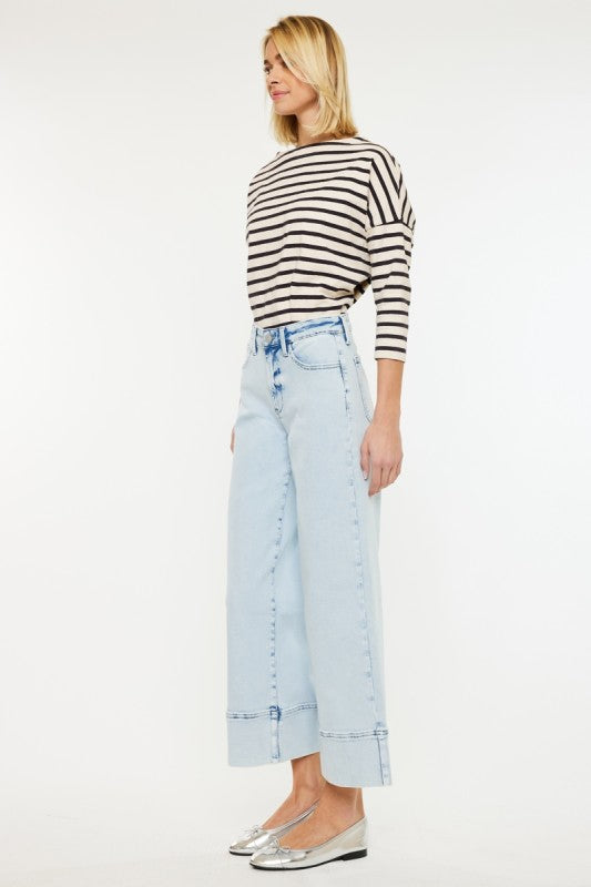 Side view of women’s KanCan wide leg crop jeans boutique Texas