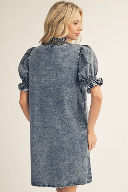 Washed Denim Embroidered Puff Sleeve Dress