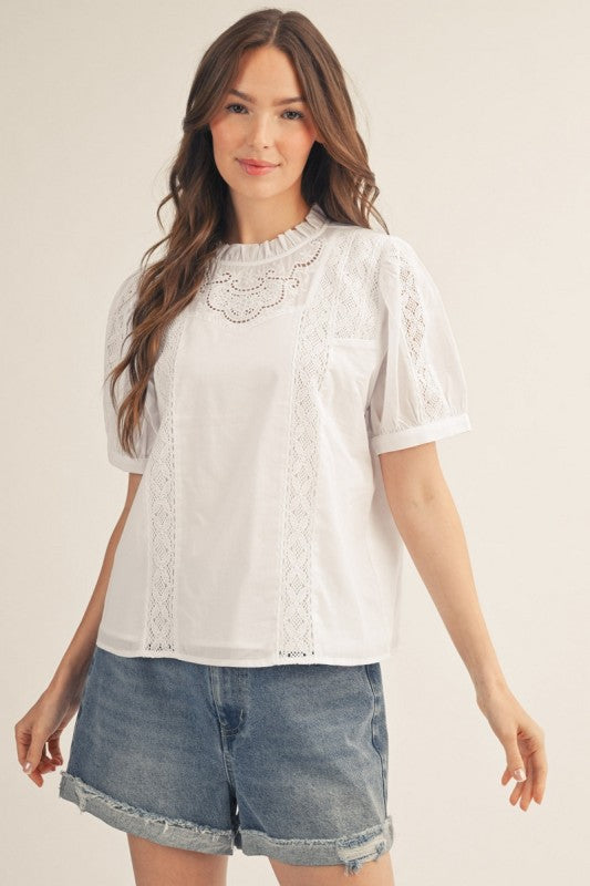 Lace Detail Puff Sleeve Cotton Blouse