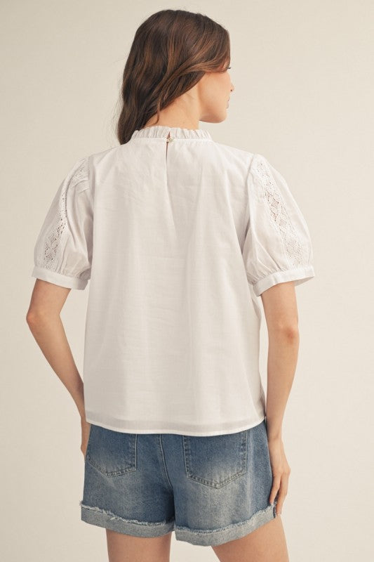 Lace Detail Puff Sleeve Cotton Blouse - Twisted Sisters Shoetique