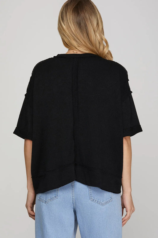 VNeck Raw Edge Top-Black