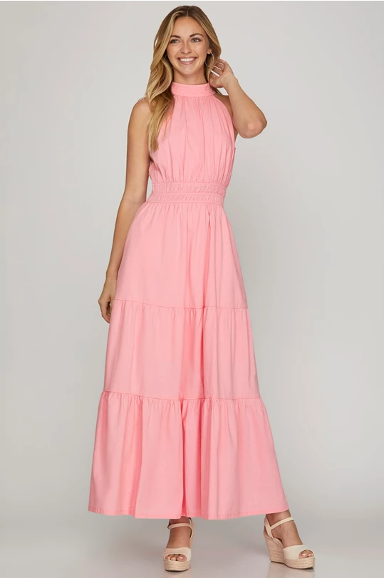 pink halter tie back with bow gathered elastic wait tiered maxi dress