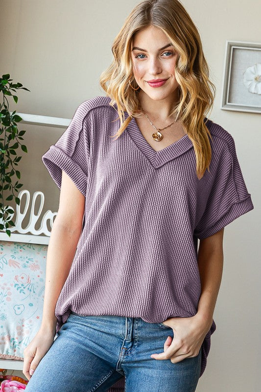 lavender purple ribbed v-neck short sleeve seam detailing