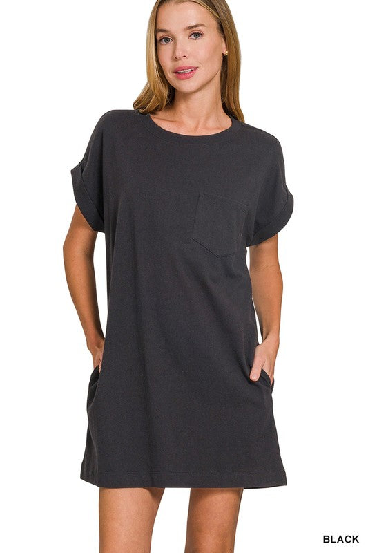 black t-shirt dress front pocket casual