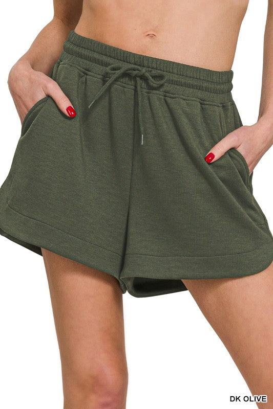 dark green olive scuba knit shorts with drawsting waist