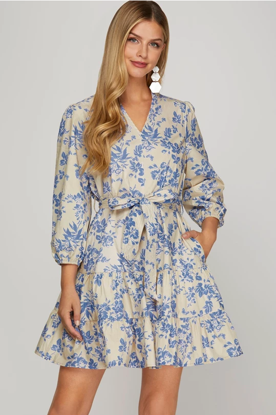 blue white floral tiered mini dress v-neck tie waist